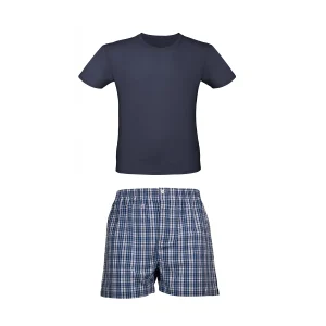 Pigiama uomo corto in cotone quadretto blu con riga nera maglia blu