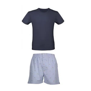 Pigiama uomo corto in cotone con microfantasia e maglia blu