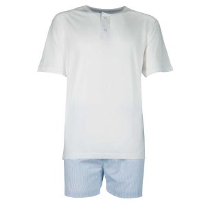 Pigiama uomo corto in cotone bianco con righe celesti