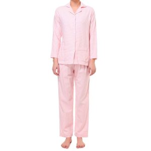 Pigiama donna lungo in flanella bianco e rosa