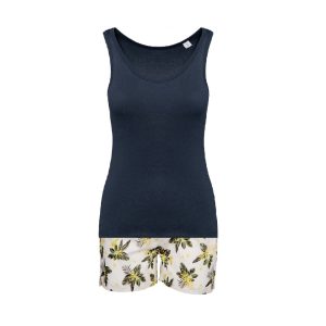Pigiama donna corto in cotone fiori verdi e gialli e top blu