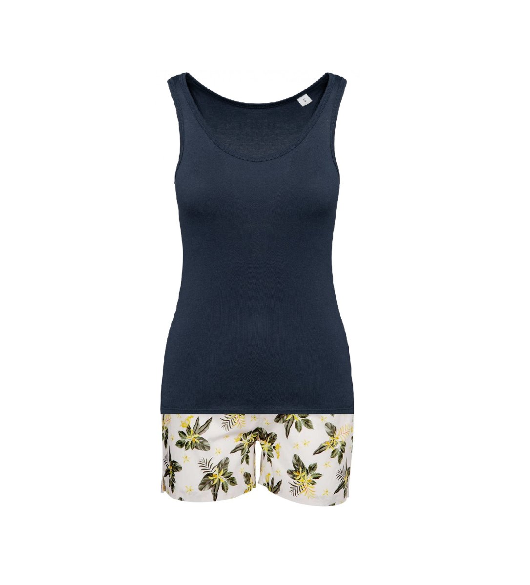 Pigiama donna corto in cotone fiori verdi e gialli e top blu