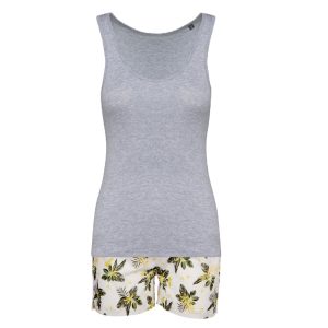 Pigiama donna corto in cotone fiori verdi e gialli e top grigio