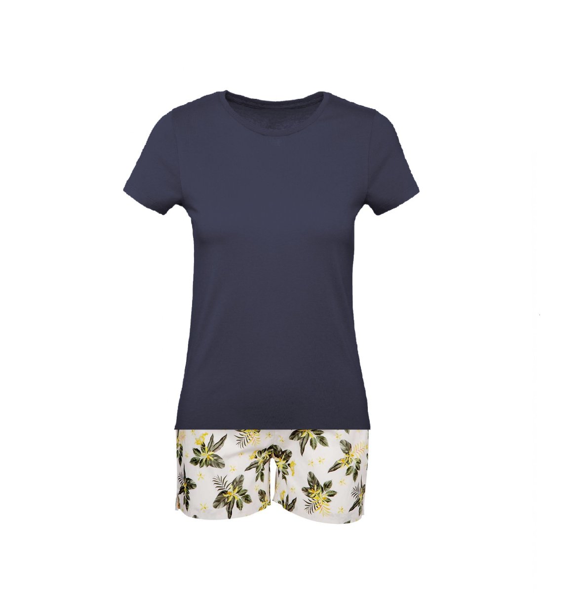 Pigiama donna corto in cotone fiori verdi e gialli con maglia blu