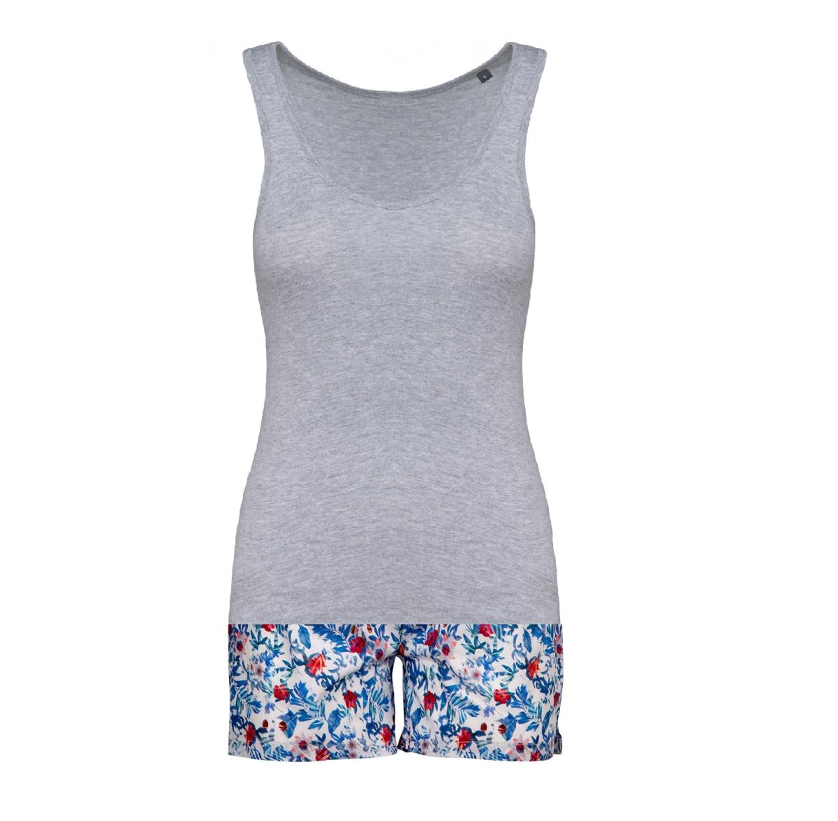 Pigiama donna corto in cotone fiori rossi e top grigio