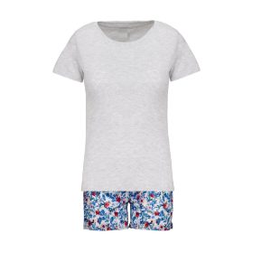 Pigiama donna corto in cotone fiori rossi e blu con maglia grigia