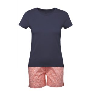 Pigiama donna corto in cotone fiori rosa e maglia blu