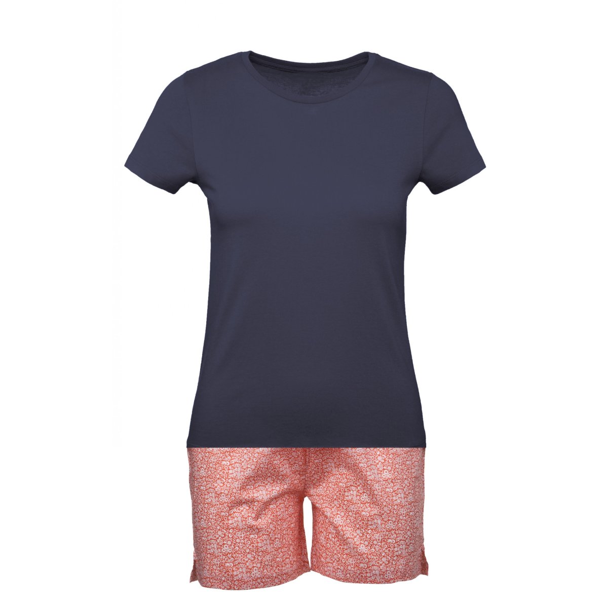 Pigiama donna corto in cotone fiori rosa e maglia blu
