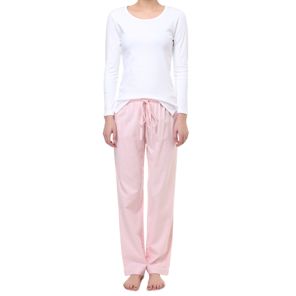 Pigiama donna lungo in flanella quadretto rosa e bianco
