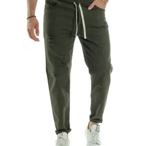 Jogger Uomo Pantaloni Jeans Pantalaccio Abrasioni Coulisse Rotture Causal Tinta Unita Verde JS1104A