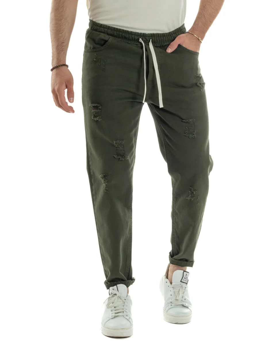Jogger Uomo Pantaloni Jeans Pantalaccio Abrasioni Coulisse Rotture Causal Tinta Unita Verde JS1104A