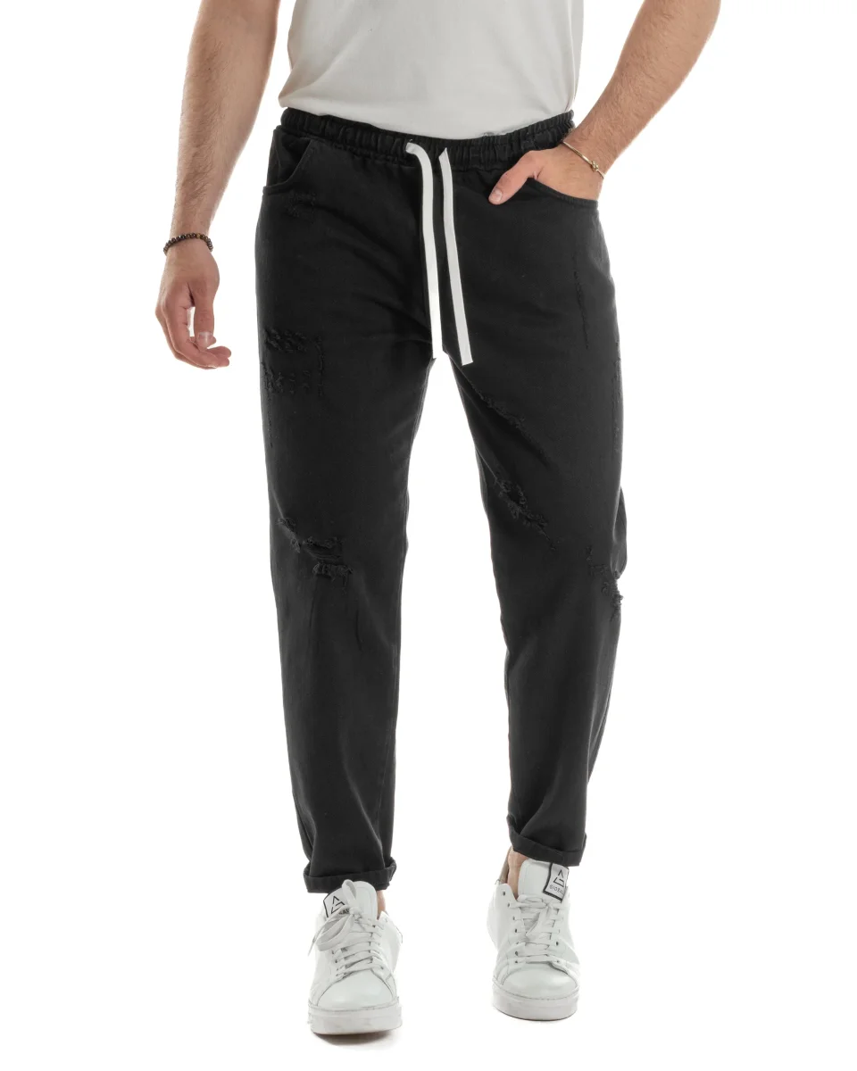 Jogger Uomo Pantaloni Jeans Pantalaccio Abrasioni Coulisse Rotture Causal Tinta Unita Nero JS1105A