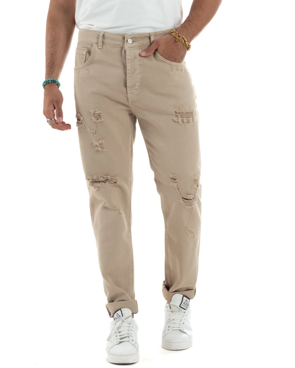 Jeans Uomo Pantaloni Cinque Tasche Rotture Regular Fit Casual Tinta Unita Beige JS1107A