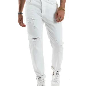 Jeans Uomo Pantaloni Cinque Tasche Rotture Regular Fit Casual Tinta Unita Bianco JS1108A