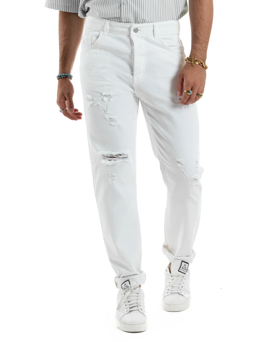 Jeans Uomo Pantaloni Cinque Tasche Rotture Regular Fit Casual Tinta Unita Bianco JS1108A