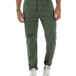 Jeans Uomo Pantaloni Cinque Tasche Rotture Regular Fit Casual Tinta Unita Verde JS1110A