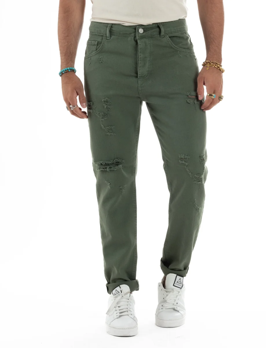 Jeans Uomo Pantaloni Cinque Tasche Rotture Regular Fit Casual Tinta Unita Verde JS1110A