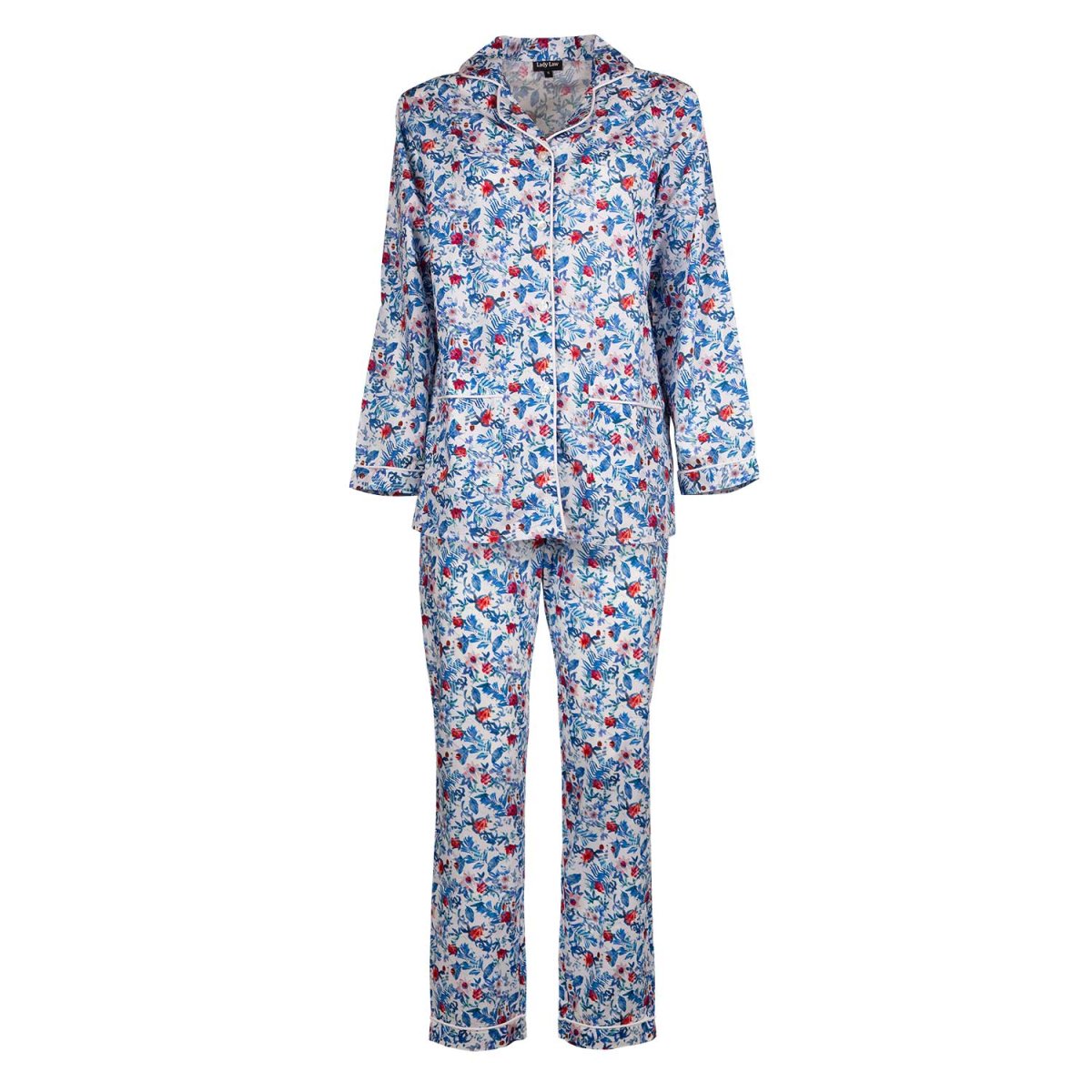 Pigiama donna lungo in cotone fiori rossi e blu
