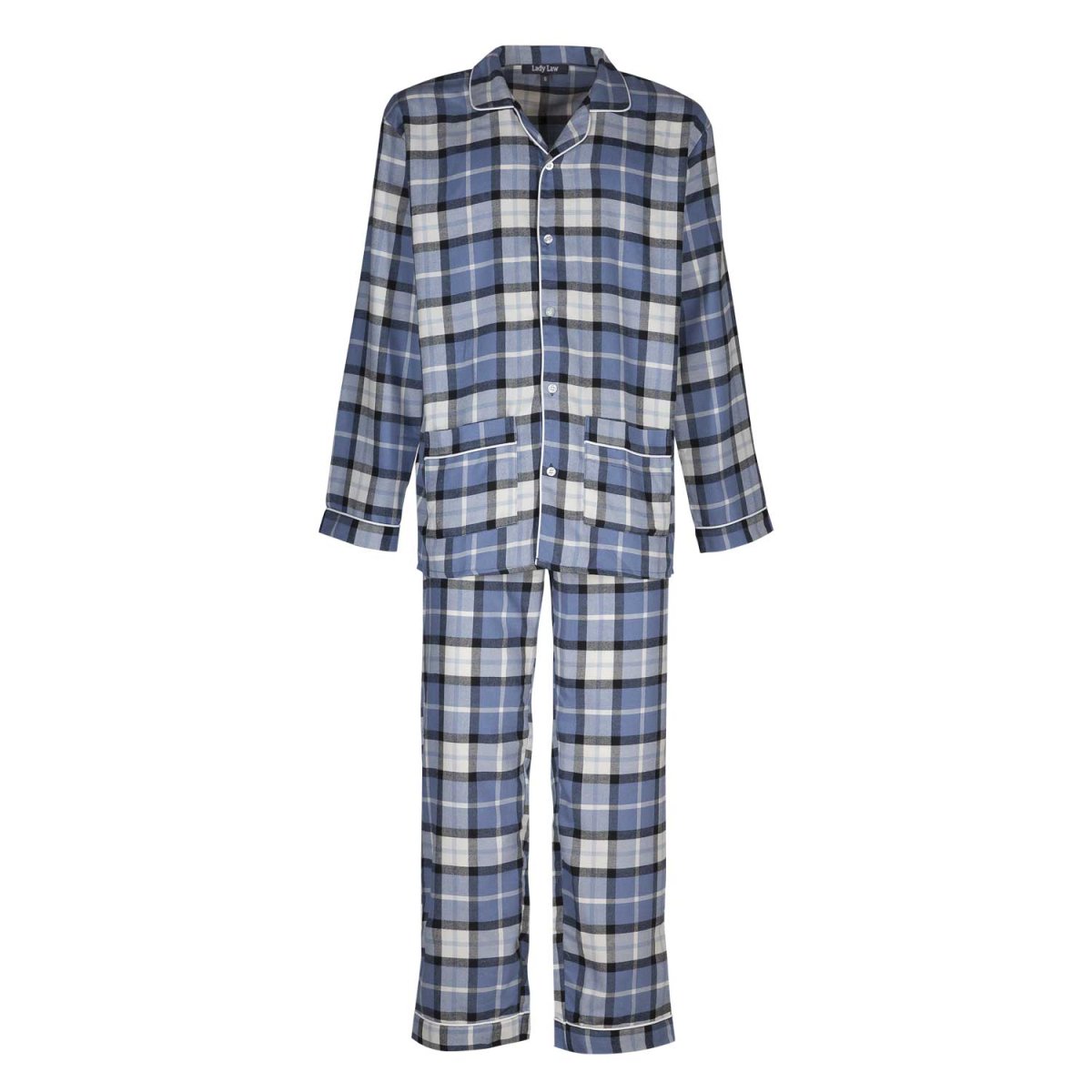 Pigiama donna lungo in flanella quadro bianco e riga blu