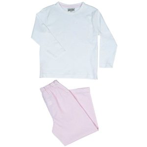 Pigiama bambina lungo in cotone bianco e rosa – Margaret