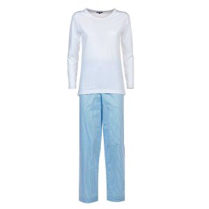 Pigiama donna lungo in cotone riga bianca celeste