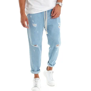 Jeans Uomo Con Rotture Jogger Pantaloni Con Coulisse Loose Fit Pantalaccio Denim Chiaro JS1083A