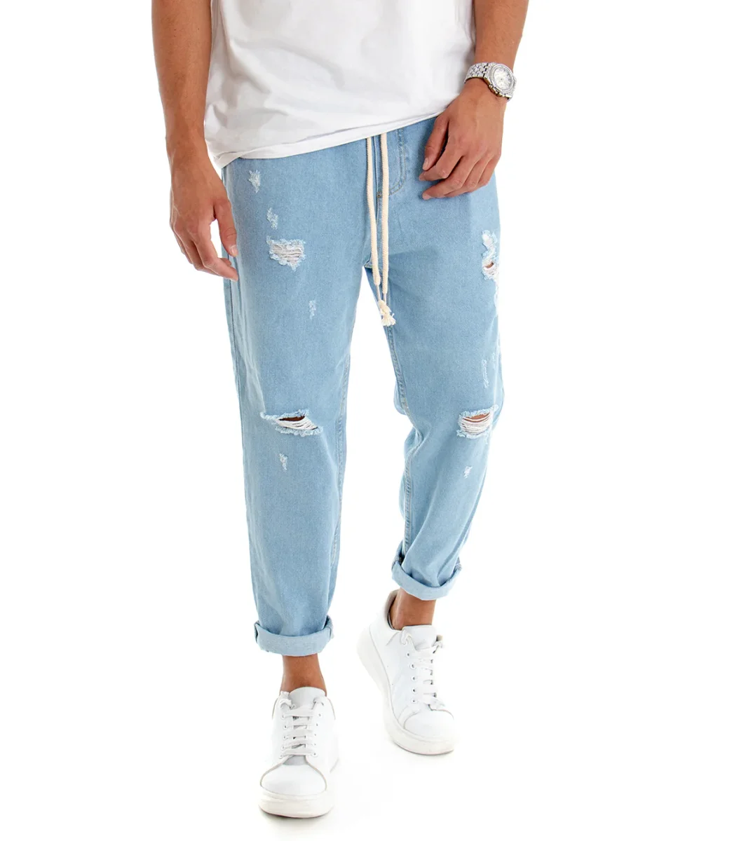 Jeans Uomo Con Rotture Jogger Pantaloni Con Coulisse Loose Fit Pantalaccio Denim Chiaro JS1083A