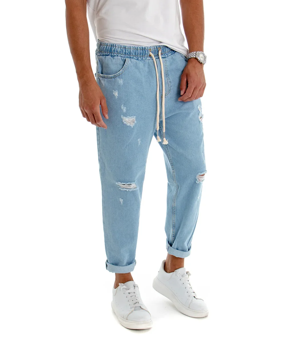 Jeans Uomo Con Rotture Jogger Pantaloni Con Coulisse Loose Fit Pantalaccio Denim Chiaro JS1083A - immagine 3