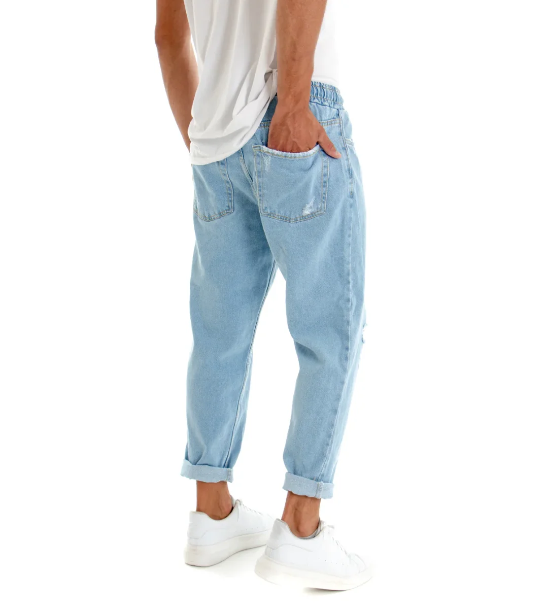 Jeans Uomo Con Rotture Jogger Pantaloni Con Coulisse Loose Fit Pantalaccio Denim Chiaro JS1083A - immagine 8