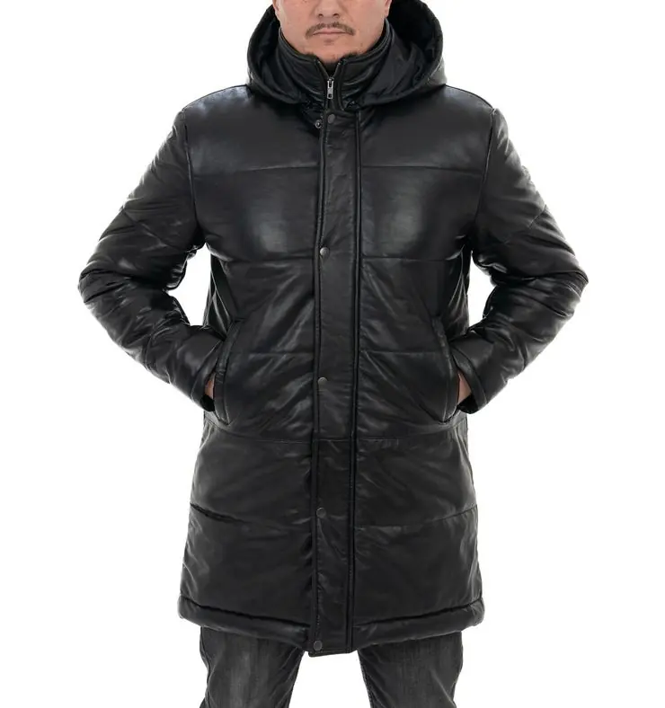 Piumino lungo da uomo in vera pelle nero