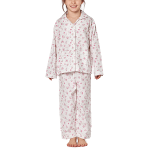 Pigiama bambina lungo in cotone bianco con fiori rosa