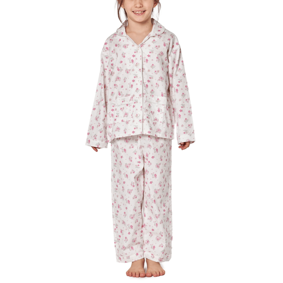 Pigiama bambina lungo in cotone bianco con fiori rosa