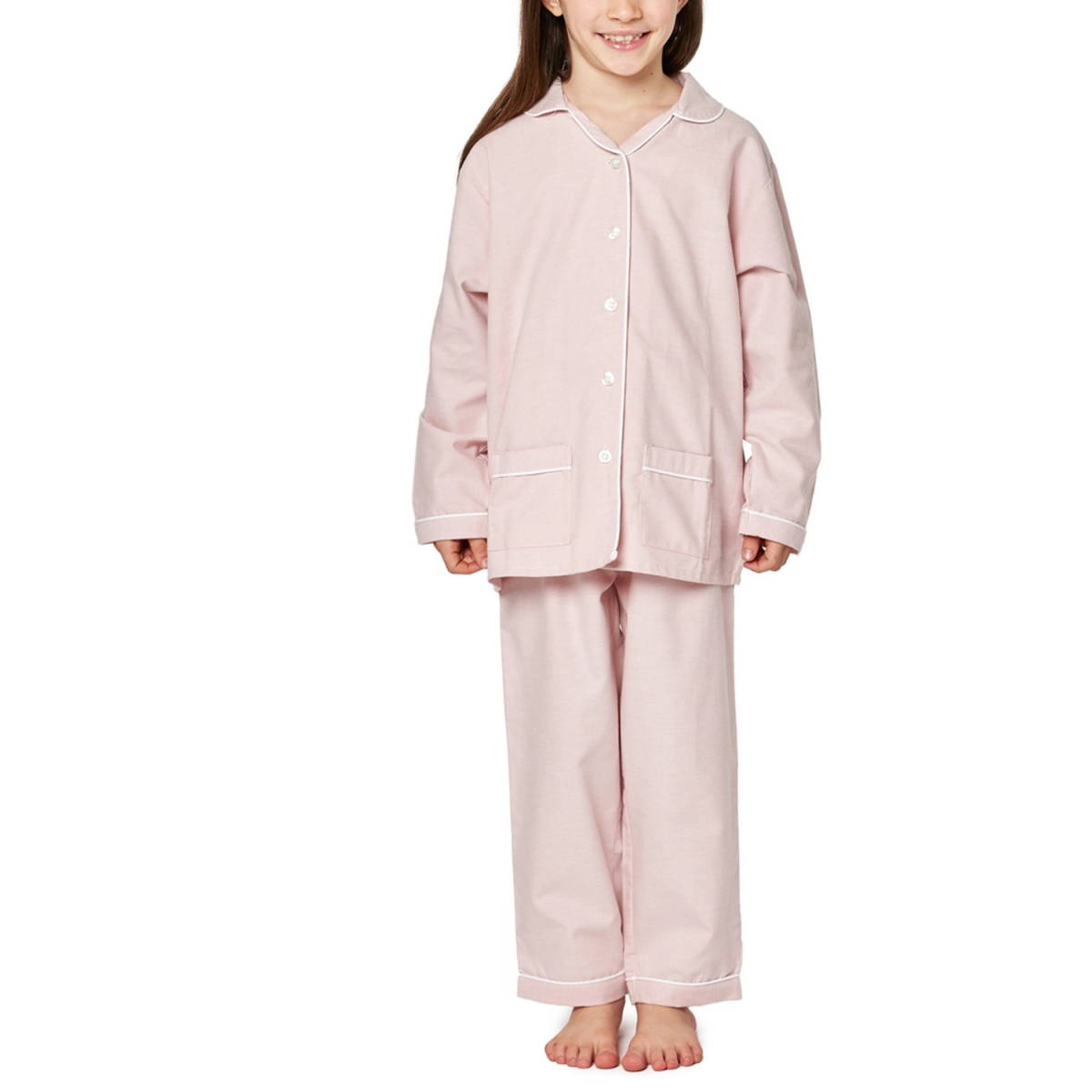 Pigiama bambina lungo in cotone oxford rosa unito