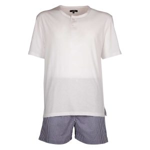 Pigiama uomo corto in cotone quadro blu e bianco