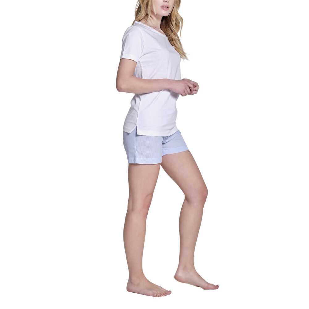 Pigiama donna corto in cotone riga bianca e celeste