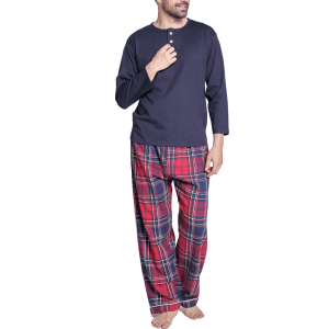 Pigiama lungo in flanella rosso scozzese e blu